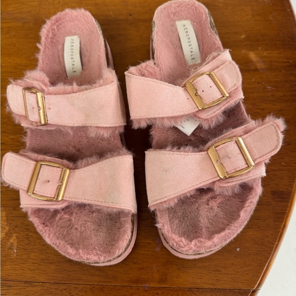 AEROPOSTLE pink platform buckle slides faux fur lining size 8 - Picture 1 of 9